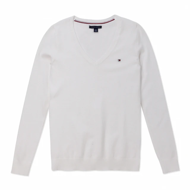 Tommy Hilfiger TOMMY 經典V領刺繡Logo毛衣 上衣-女-白色(平輸品/舒適百搭)