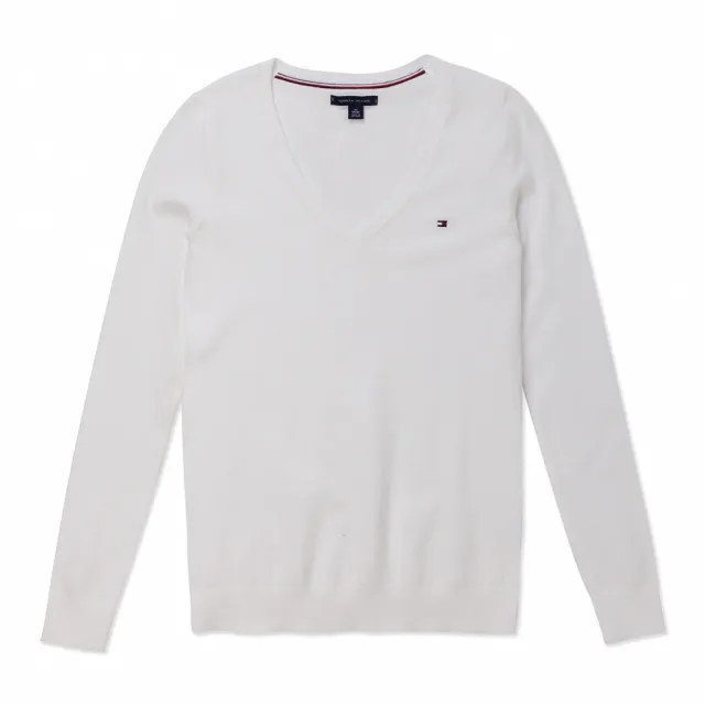 【TOMMY HILFIGER】TOMMY 經典V領刺繡Logo毛衣 上衣-女-白色(平輸品)