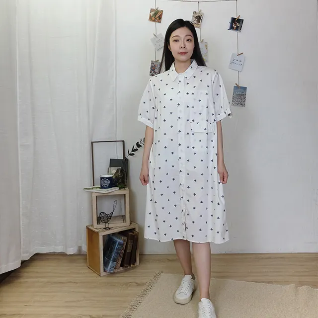 【Hana Mokuba】花木馬日系女裝棉質印花長版寬鬆襯衫可當洋裝(長版襯衫)