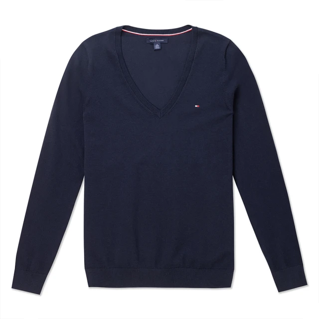 Tommy Hilfiger TOMMY 經典V領刺繡Logo毛衣 上衣-女-深藍色(平輸品/舒適百搭)