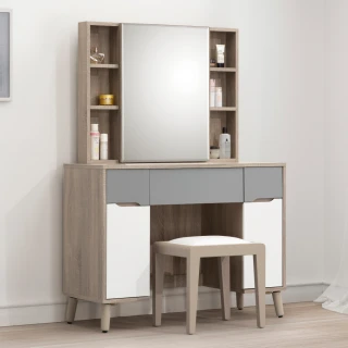 【WAKUHOME 瓦酷家具】Kenster淺灰雙色3.3尺鏡台組-含椅-A010-754