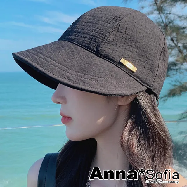 【AnnaSofia】遮陽防曬鴨舌帽小臉帽-長方壓格鬆緊釦寬簷 現貨(黑系)