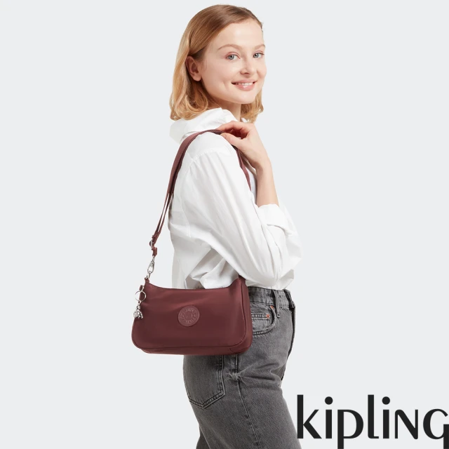 KIPLING官方旗艦館 熱葡萄酒紅斜背側肩兩用包-LAURI