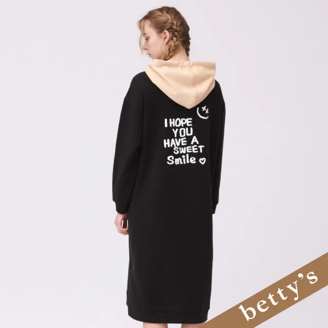 【betty’s 貝蒂思】短絨毛撞色休閒連帽洋裝(黑色)