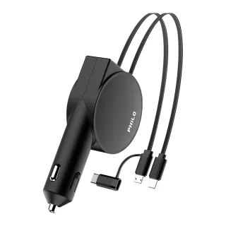 【Philo 飛樂】多功能車用伸縮快速充電器 PU24(閃電蝸牛 PD20W+QC快充 三合一伸縮充電線)