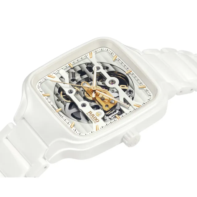【Rado 雷達表】True Square真我系列 高科技陶瓷方形鏤空 雙層錶盤機械腕錶-白 R05(R27126012 防水50米)