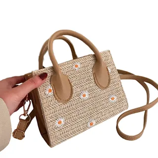 【89 zone】法式古典小雛菊 編織包 手提包 單肩包 斜挎包 編織包 草編包(卡其/白)