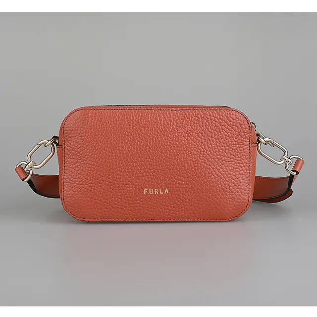 【FURLA 芙拉】FURLA Primula金屬金字LOGO小牛皮拉鍊斜背包(迷你/肉桂紅)
