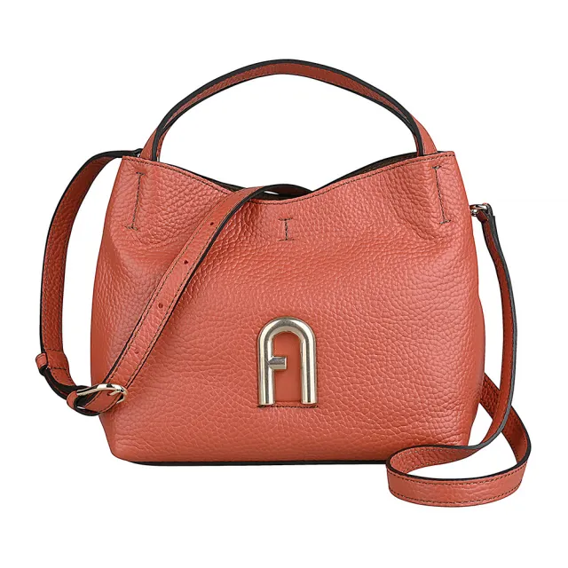 【FURLA 芙拉】FURLA Primula復古金字LOGO小牛皮掛鉤扣式手提/斜背流浪包(迷你/肉桂紅)