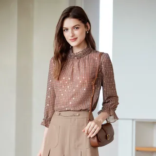 【MYSHEROS 蜜雪兒】雪紡上衣 輕透縮口袖 花邊小立領(咖啡)