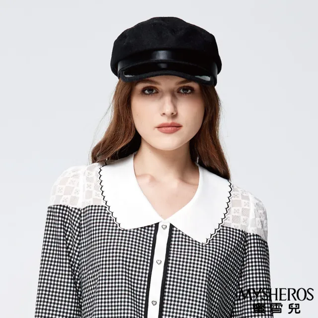 【MYSHEROS 蜜雪兒】翻領上衣 格紋蕾絲拚接 愛心鑽飾 後下擺鬆緊 縮口袖設計(黑)