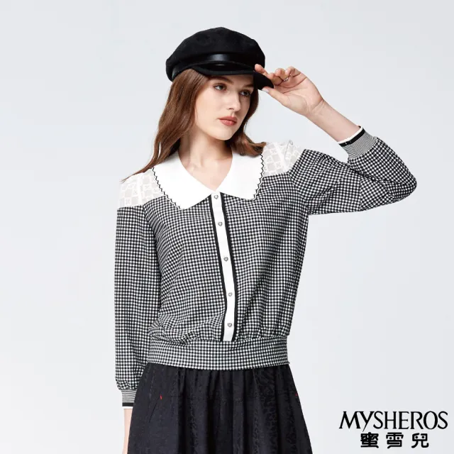 【MYSHEROS 蜜雪兒】翻領上衣 格紋蕾絲拚接 愛心鑽飾 後下擺鬆緊 縮口袖設計(黑)