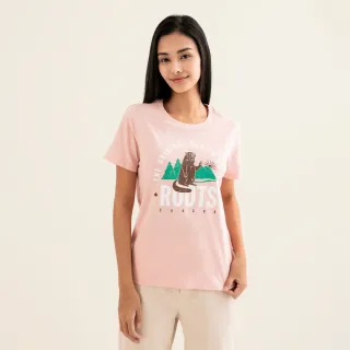 【Roots】Roots女裝-動物派對系列 卡通海狸純棉短袖T恤(粉橘色)