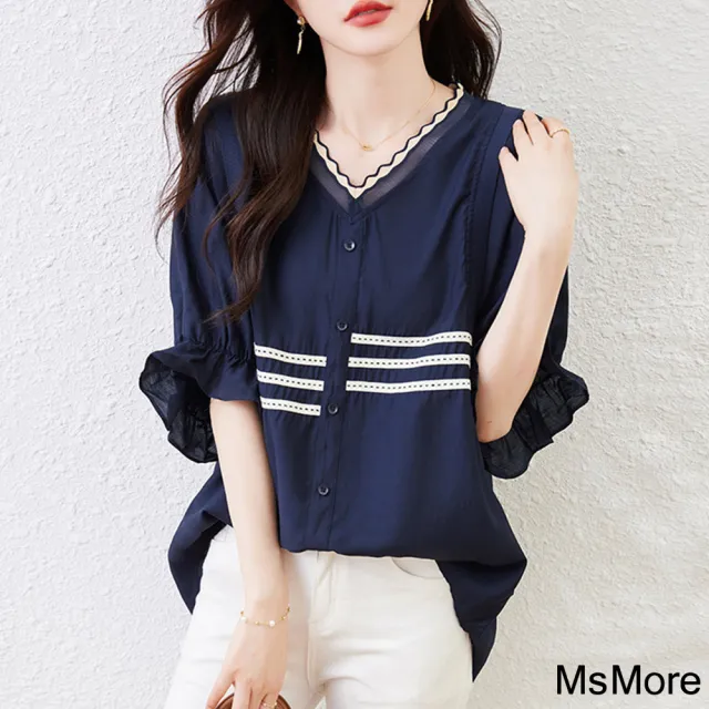 【MsMore】☆V領短袖藏青色襯衫大碼寬鬆短版上衣#118747(藏青)