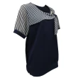 【GT】春夏時尚精選-圓領藍白條雪紡拼接+珍珠綴飾短袖衫(圓領 雪紡 短袖 上衣)