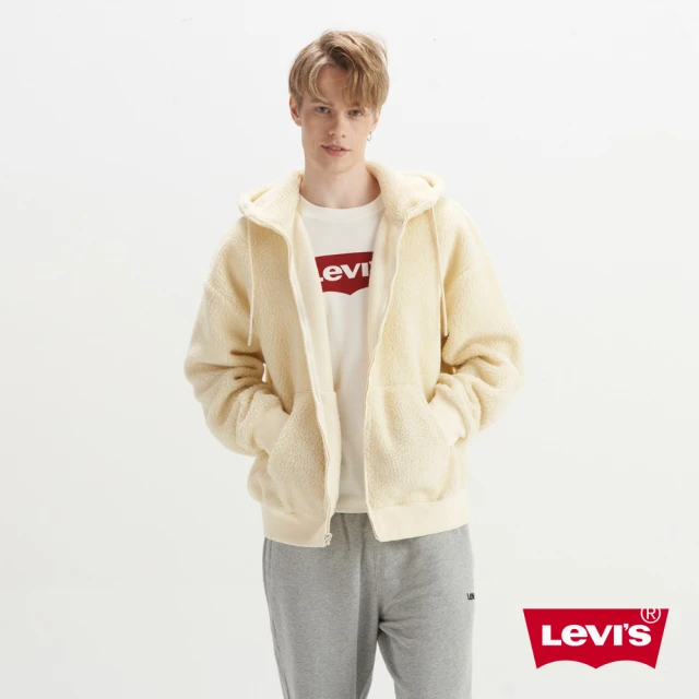 LEVIS 男款 寬鬆版連帽外套 / 粉紅抽繩 大口袋設計 / 暖身鋪毛 / 牛奶白 人氣新品