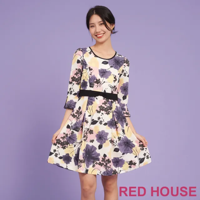 【RED HOUSE 蕾赫斯】蝴蝶結剪接花朵洋裝(共2色)