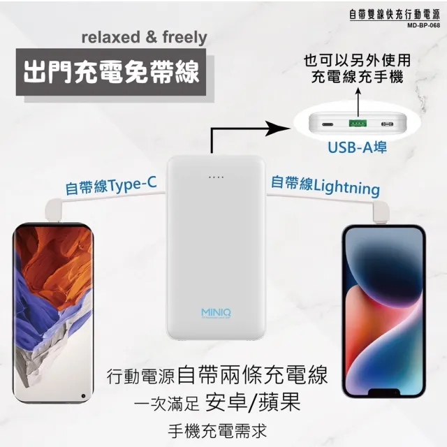 【MINIQ】MD-BP-068 10000mAh 20W 三輸出快充版 自帶雙線 Lightning/Type-C(台灣製造)