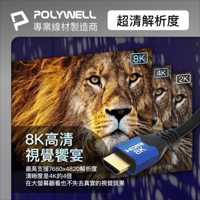 【POLYWELL】HDMI 8K 2.1認證線 /藍色 /3M