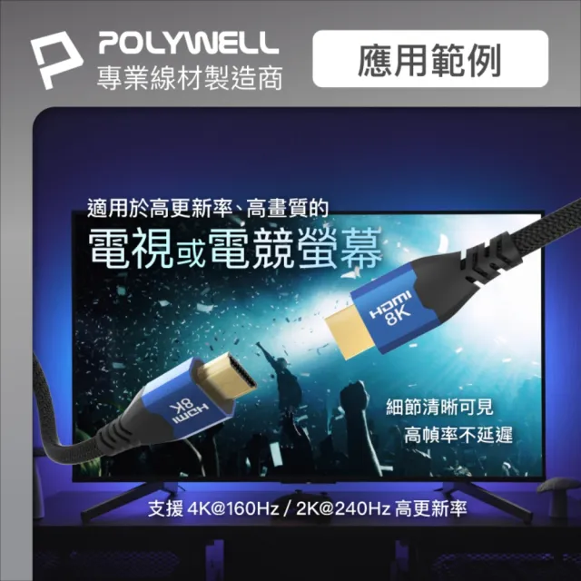 【POLYWELL】HDMI 8K 2.1認證線 /藍色 /3M