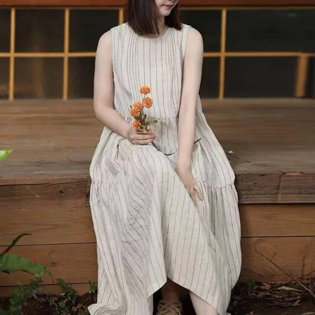 【ACheter】條紋文藝長款裙無袖圓領亞麻感氣質連身裙寬鬆長版洋裝#117742(條紋)