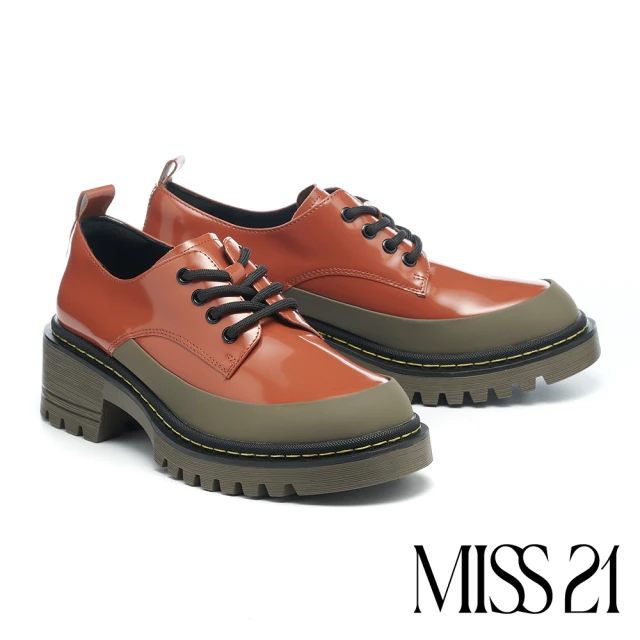 MISS 21MISS 21 率性復古開邊珠牛皮撞色拼接綁帶厚底鞋(棕)