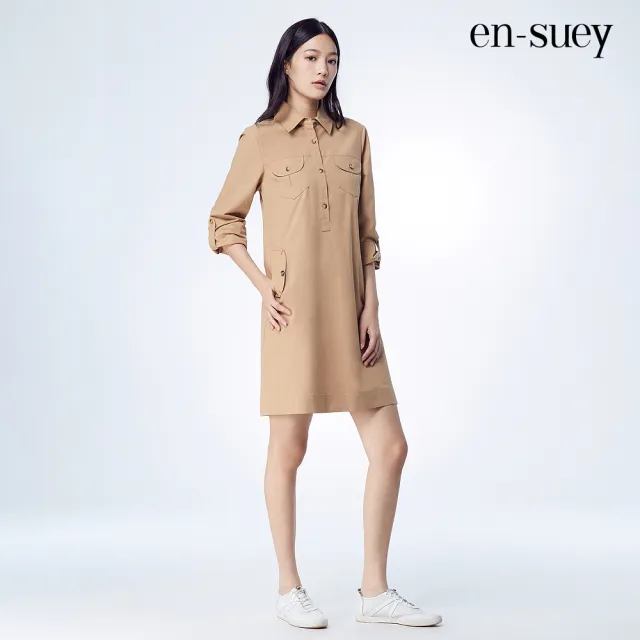 【en-suey 銀穗】半開襟個性壓線雙口袋洋裝-女