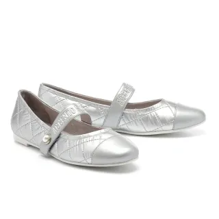 【AS 集團】率性優雅LOGO珍珠繫帶拼接格紋布瑪莉珍平底鞋(銀)