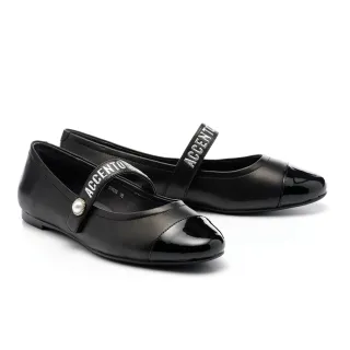 【AS 集團】率性優雅LOGO珍珠繫帶全真皮瑪莉珍平底鞋(黑)