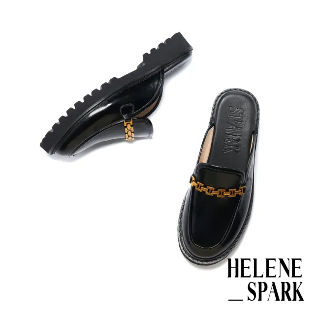 【HELENE_SPARK】復古時尚H鍊條牛油皮穆勒厚底拖鞋(黑)