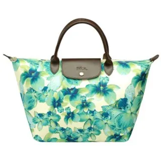 【LONGCHAMP】春夏新款鮮豔蘭花花卉短把水餃包(大-藍綠色-1624536-249)