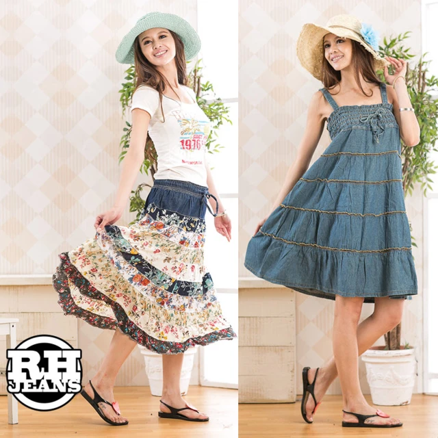 【RH】4-牛仔裙洋裝兩件組(活力藍加併接花布M-2L)