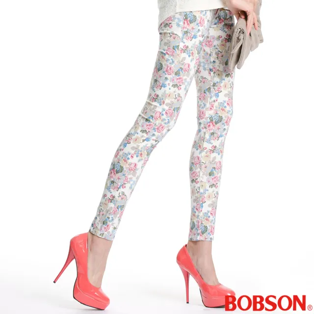 【BOBSON】女款印花強彈力緊身褲(米白8094-80)