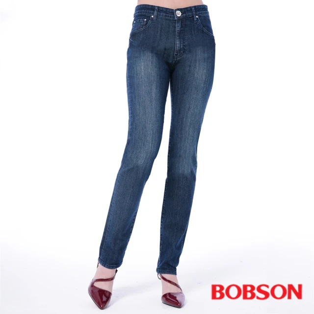 【BOBSON】女款高腰刺繡鑽飾小直筒褲(藍8101-52)