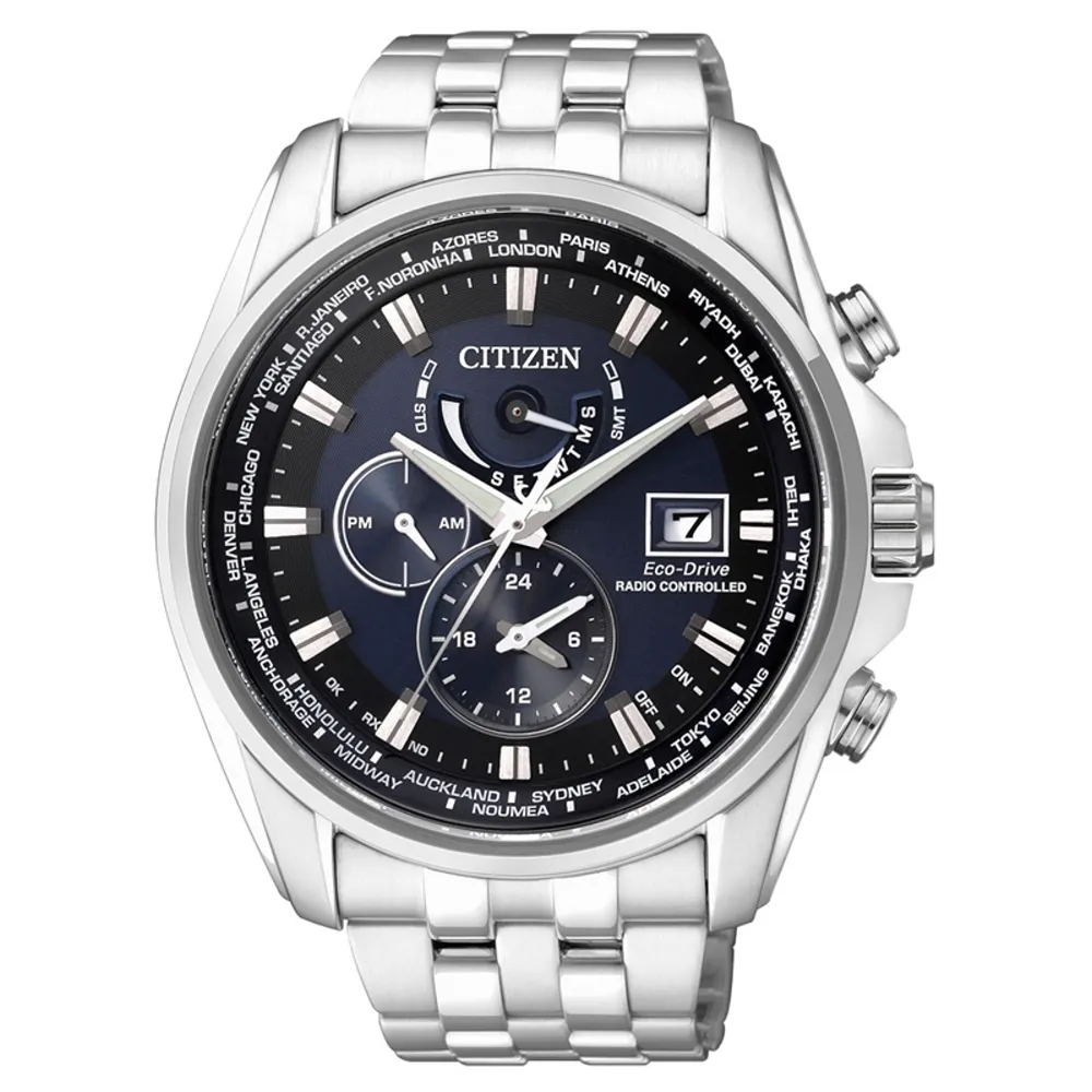 【CITIZEN GENTS】時尚風格光動能電波時計腕錶(藍黑/43mm/AT9031-52L)