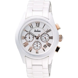 【Diadem】黛亞登羅馬三眼計時陶瓷手錶-白x玫塊金時標/44mm(2D1407-621RG-W)