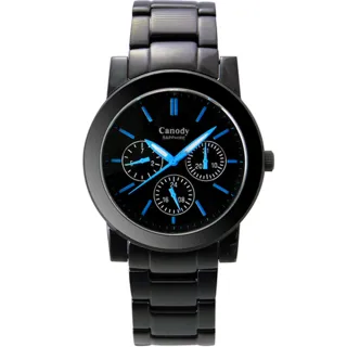 【Canody】極美時尚三眼日曆腕錶(IP黑+藍-40mm-GM2585-1C)