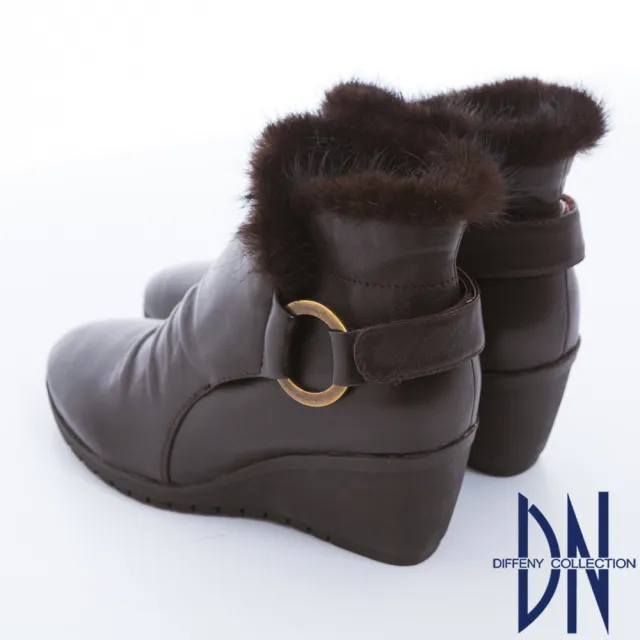 【DN】歐美時尚 羊皮環釦設計貂毛滾邊楔型踝靴(咖)