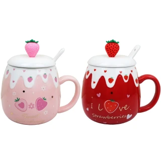 【可愛草莓】陶瓷馬克杯450ml+附陶匙/  陶瓷馬克杯-買1送1/  陶瓷馬克杯