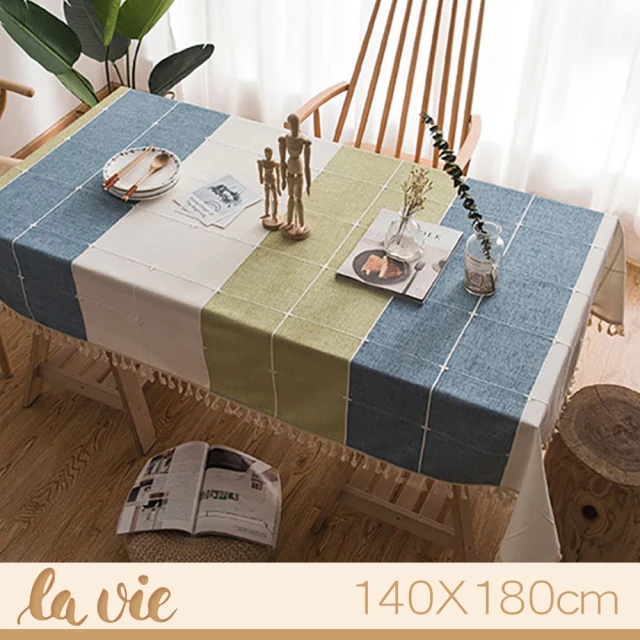 【La Vie】韓版藍綠格子流蘇亞麻復古繡花桌布(140X180cm)