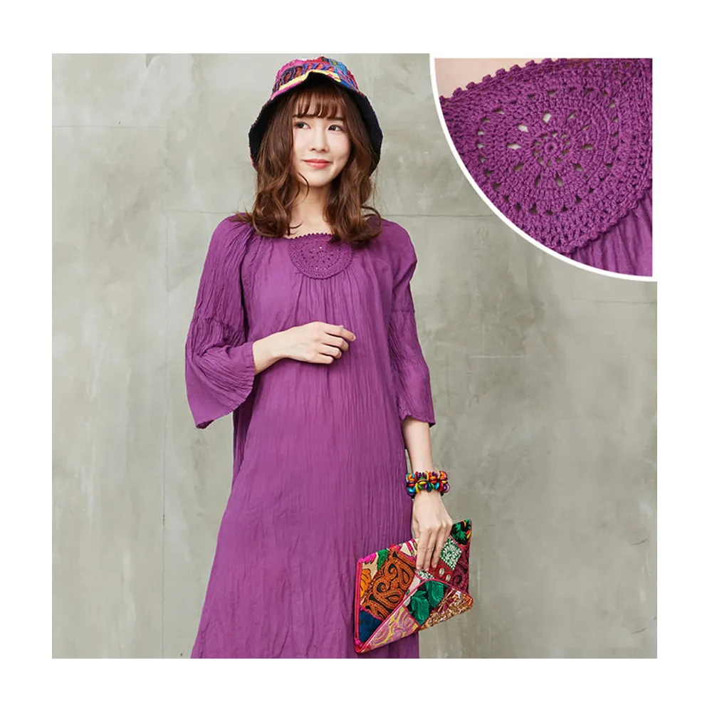 【潘克拉】蕾絲彈性領口連身裙-F(紫)