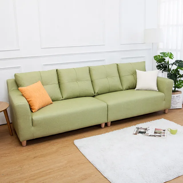 【BODEN】班森四人座綠色貓抓布紋皮沙發(送抱枕)