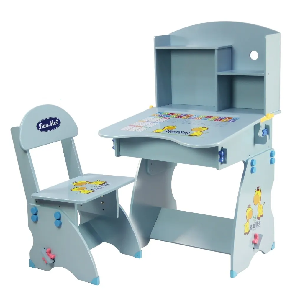 【寶盟BAUMER】第三代 防夾手木質兒童升降成長書桌椅(天空藍)