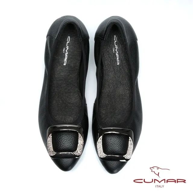 【CUMAR】舒適真皮 水鑽金屬裝飾平底包鞋(黑色)