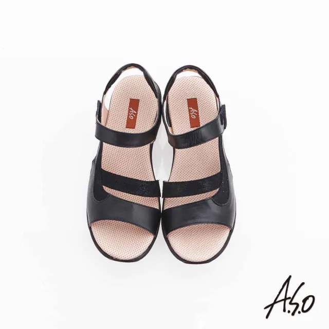 【A.S.O 阿瘦集團】超能力 金箔亮麗拼接皮革輕量奈米鞋墊休閒涼鞋(黑色)