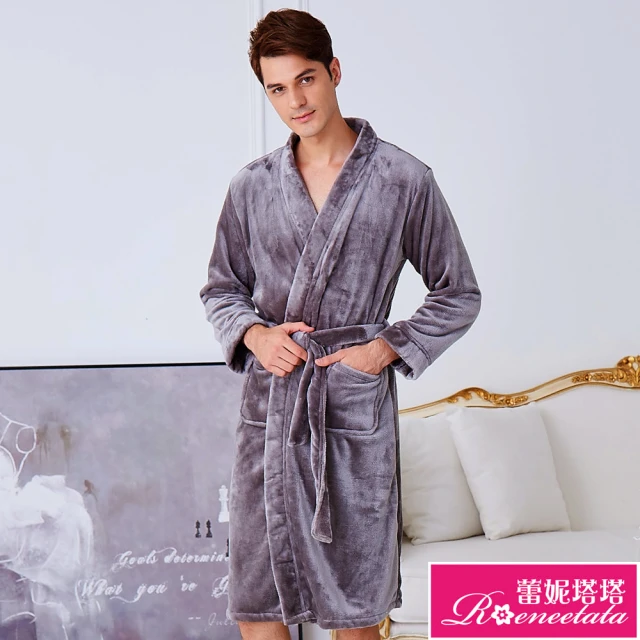 【蕾妮塔塔】極暖柔軟水貂絨 男性長袖睡袍(20242灰色)