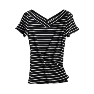 【Alishia】氣質百搭針織顯瘦V領條紋T恤 M-2XL(粉色 / 藍色 / 黑色 / 灰色)