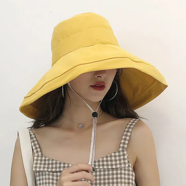 【幸福揚邑】超大帽檐防曬抗UV可捲摺桃絨遮陽帽(黃駝、米、黑)