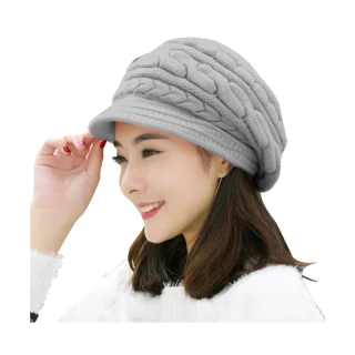 【幸福揚邑】麻花針織毛線帽防風保暖加絨貝蕾帽兔毛帽(灰)