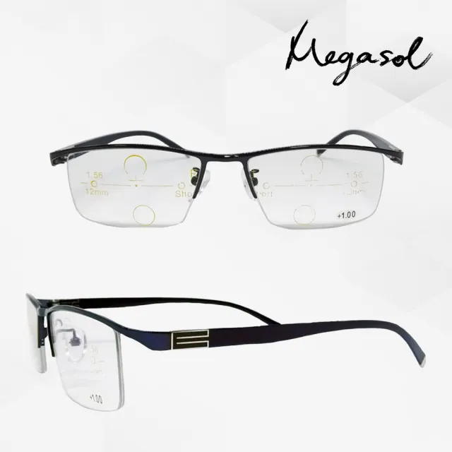 【MEGASOL】斯文青中性眉框漸進多焦老花眼鏡變色墨鏡太陽眼鏡(氣質書生半框-JJBS01-DB深藍色)